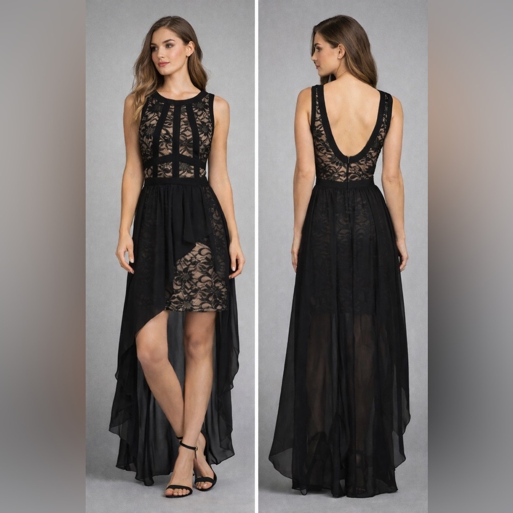 Elegant Morgan & Co. Black Lace‎ High-Low Evening Gown – Size 5/6